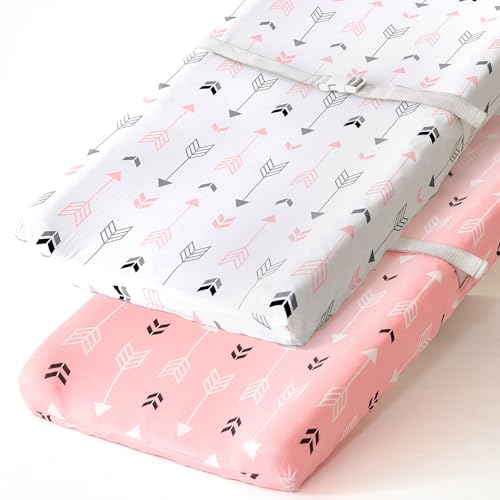 Image of Stretchy Changing Pad Covers BROLEX 2 Pack Jersey Knit Change Pad Covers for Girls Boys,Pink & White Arrow