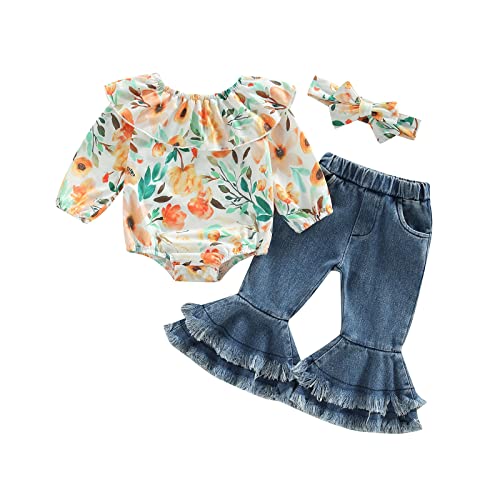 Image of Omkzanbi Toddler Girl Bell Bottoms Outfit Sunflower Off Shoulder Bodysuit Romper Denim Flared Pants Summer Jean Outfit (Flower Jeans Bell Bottoms, 9-12 Months)