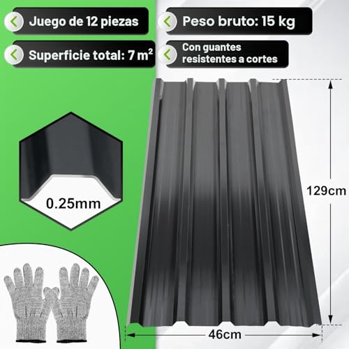 Miniatura 7 de Vkechh 129cm X 46cm Chapa Trapezoidal 12 Piezas, Placas De Techo De Acero Galvanizado De 0,25 Mm De Espesor, Chapas Onduladas Para Techo, Placas De Techo De Chapa, 7 M Chapa De Techo Color Antracita