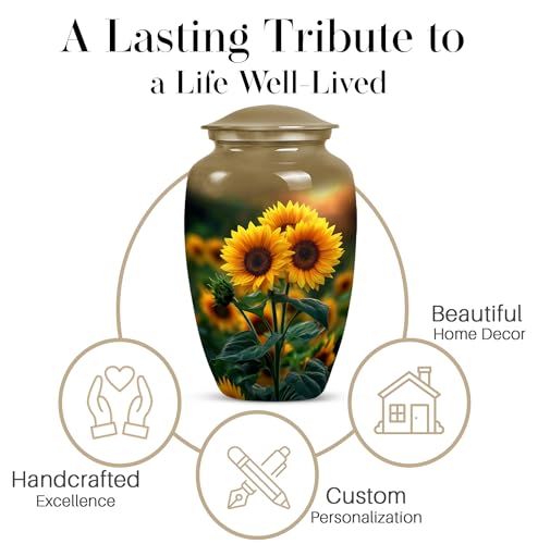 Image of Sunflower Urns for Human Ashes - Cremation Urns for Adult Ashes Men - Large Yellow Sunflower Urn for Human Adult Male and Female - Funeral Decorative Urn for Mother and Father 10inch