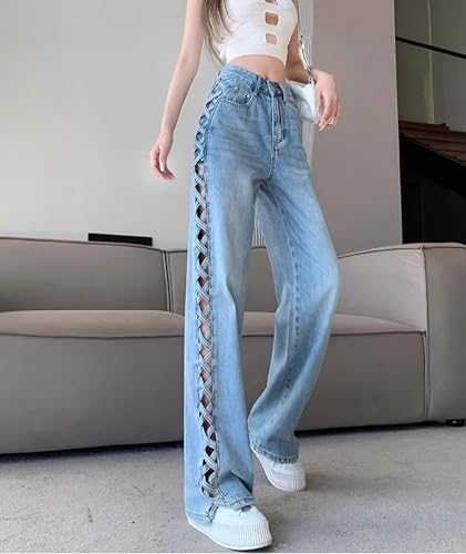 SEMATOMALA Women's Side Criss Cross Hollow Out Denim Pants High Waisted Straight Leg Y2K Jean Pants4