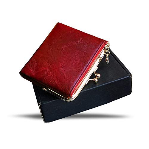 Image of AOXONEL Womens Wallet Small Rfid Ladies Compact Bifold Leather Vintage Coin Purse With Zipper and Kiss Lock (Red)