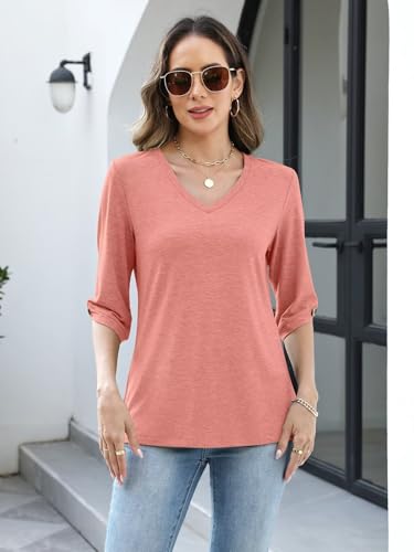 Image of TICTICMIMI Womens Tops 3 /4 Length Sleeve V Neck Casual Trendy Button Tunic Tops Summer Basic T-Shirts Loose Fit Pullover