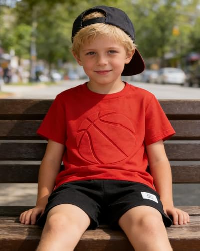 Image of Boys 2 Piece Outfits Short Sleeve Basketball Pattern T-Shirt and Shorts Summer Clothes for Kids 5-12 Years