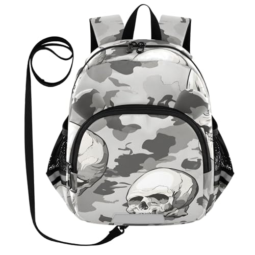 Kid's Backpack for Boys & Girls Toddler Bag Graphic Skulls Gray Camouflage Backpack with Safety Leash