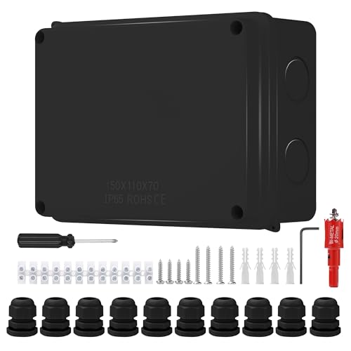 Caja Estanca Exterior IP65 150x110x70 mm Caja Conexiones Electricas Para Cableado Interior y Exterior para Cables de Ø6-12 mm Negro