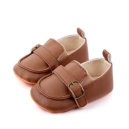 CINDEAR Baby Girls Boys Loafers, Cute Newborn Crib Shoes, PrewalkerPU Sneakers, Perfect for Baptism/Crawling/Wedding Brown 0-6 Months