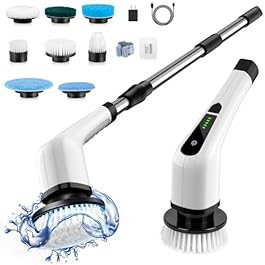 Electric Spin Scrubber, Cordless Cleaning Brush Scrubber for Home, 400RPM/Mins-8 Replaceable Brush Heads-90Mins Work Time, 3 Adjustable Size, 2 Speeds for Bathroom Shower Bathtub Glass Car