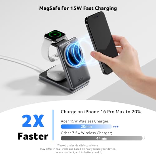 Acer 3 in 1 Charging Station for Apple Device, Magnetic Palm-Sized Foldable Fast Charger Stand Compatible with MagSafe for iPhone 17, Apple Watch & AirPods, Foldable Charging Dock for Desk S3 - image 6