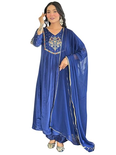 Image of Naixa Women's Silk Chiffon Embroidered A-Line Kurta with Rayon Pant and Silk Chiffon Laced Dupatta Sets (Available in Plus Size) (NX-661)
