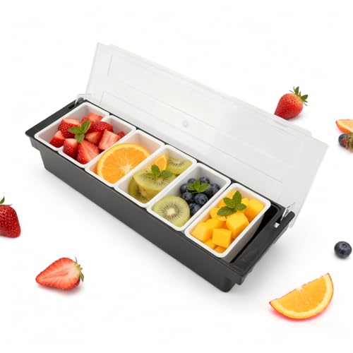 Tissting Caja de 6 Compartimentos para Frutas y Condimentos - Barra de Servicio Refrigerada por Hielo con Tapa Transparente, Dispensador para Fiestas y Cocina (6 compartimentos)