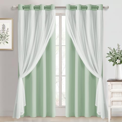 Image of DWCN Sage Green Blackout Curtains with Sheer Overlay 84 Inch Long | Room Darkening Mix & Match Double Layer Window Panels for Bedroom Living Room Drape, Grommet Top, 52 inch Wx84 inch L, Set of 2