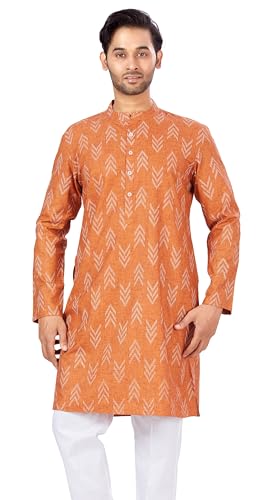 Image of Studio Shringaar Men's Cotton Blend Relaxed Fit Ikat Printed Knee Length Kurta