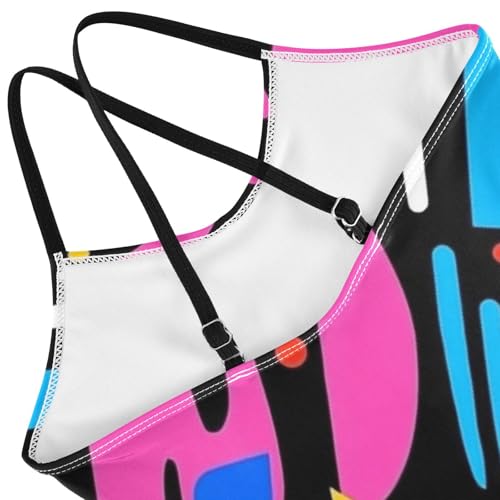 Pigsaly Girls One Piece Swimsuits Retro Cartoon 80s 90s Memphis Kids Cross Back Swimwear Toddler Beach Sport Bathing Suit 3T4