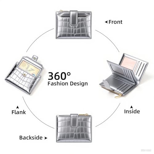 Women's Minimalist Portable Plain Color leather Short Wallet, Bifold Card Holder for Daily, Back To School, Casual Cute Mini Purses Designer Zipper Short Purse，for All Seasons Wallets (sliver)4