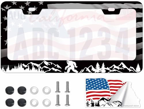 1Pcs Bigfoot & American Flag License Plate Frame - USA Patriotic Metal Car Tag Holder with Flag Sticker Universal Fit