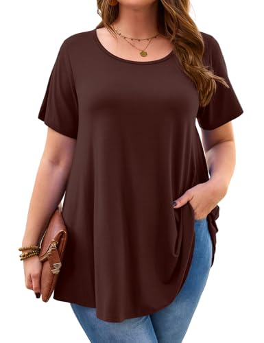 JollieLovin Women Plus Size Short Sleeve Summer Long Tunic Tops Loose Fit T-Shirt to Wear with Leggings(1X,Coffee)