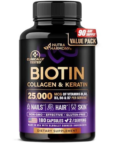 Image of Biotin | Collagen | Hyaluronic Acid | Keratin - Support Normal Hair Growth Cycle, Skin & Nails - Clinically Tested - 25000mcg Vitamins B1, B2, B3, B6 & B7 - for Women & Men - 180 Capsules