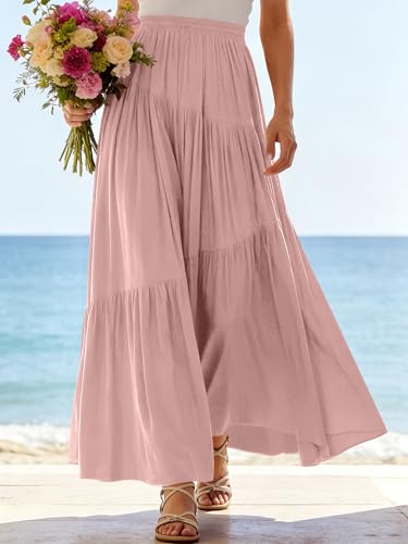 Image of ANRABESS Women's Boho Elastic High Waist Pleated A-Line Flowy Swing Asymmetric Tiered Maxi Long Skirt Dress with Pockets
