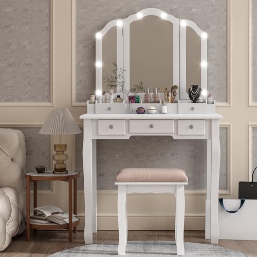 Lighted Makeup Vanity with Mirror and Chair