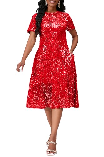 Image of Sequins Glitter Short Sleeve Women's Maxi A-line Dress - Sparkly Party Elegant