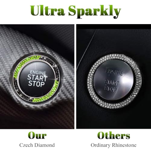 Image of ToBeQueen Bling Black Green Push Start Button Cover Emblem Sticker, Crystal Diamond Rhinestone Start Button Ring Car Decor, Green and Black Car Accessories for Women