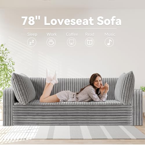 Image of HABUTWAY 78 inch Loveseat Boneless Couch, 4-in-1 Convertible Sofa Bed, Plush Fur Folding Futon Sofa Bed Couches with 2 Pillows for Living Room, High-Density Foam Support, No Assembly Required, Light Grey