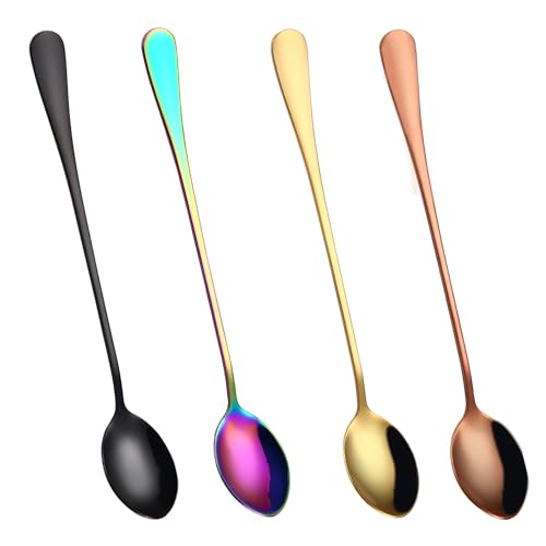 4PCS Set Long Handled Spoon, Ice Cream Spoons, Stainless Steel Material Long Teaspoons, Suitable for Coffee, Hot Drinks, Desserts, Ice Cream, etc