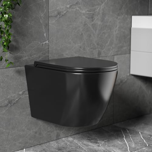 NeoArt Spülrandloses Hänge-WC Leises Und Wassersparendes Hochleistungs-Spülsystem Wand-WC Mit Abnehmbarem WC-Sitz Mit Absenkautomatik Mehrere Farben Verfügbar 49.5 cm (Schwarz)