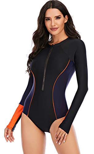 Maiô feminino Runtlly Rash Guard, manga comprida, com proteção solar FPS 50+, zíper e estampa floral