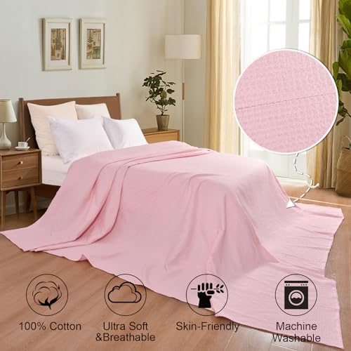 Image of PHF 100% Cotton Waffle Big Family Oversized King Blanket, 120 inch X 120 inch, Pink | Pre-washed Natural Soft Cozy Lightweight Breathable, Textured Decorative Layer for Bed Guest Room, Machine Washable, Giftable