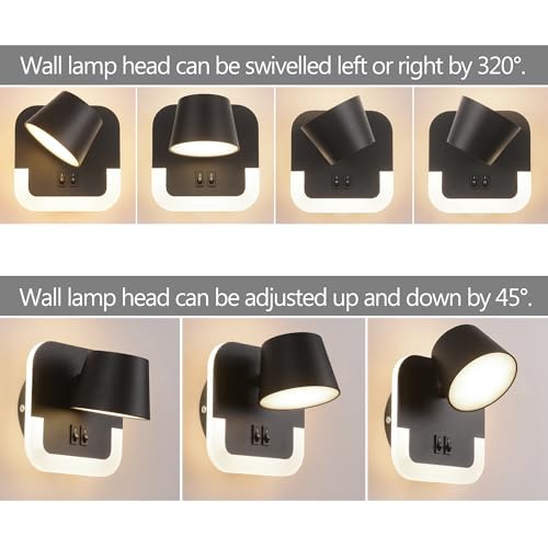 AWEKLIY Lampa do czytania LED z przełącznikiem, lampa ścienna do czytania, do sypialni, hoteli, na ścianę, lampka nocna, 4 W + 8 W, obrotowa głowica lampy, regulowana temperatura barwowa 3000 K