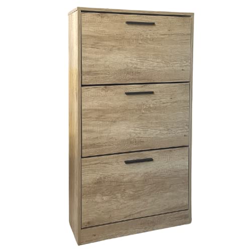 ZIK - Scarpiera Salvaspazio Slim in Legno (63x24x115h) Scarpiera da Ingresso Verticale, Moderna, Scaffale Scarpe di Design Vari Colori per Vari Stili di Arredamento (Rovere - Maniglie Nere)