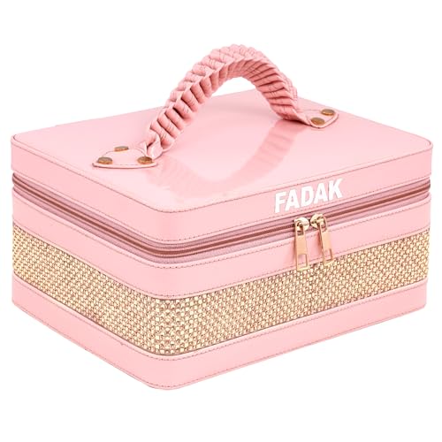 Image of FADAK Faux Leather Cosmetic Makeup for Beauty Case Wedding Makeup Brushes Pouch Tikli Organizer Travel Large Vanity Mirror Box Storage Bag Jewelry Bridal Box (Rani Pink)