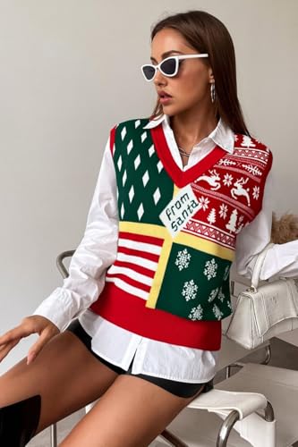 Image of JULYCLO Christmas Sweater Vest Women Ugly Xmas Reindeer Knit Sweaters Casual Santa Snowflake V Neck Sleeveless Outwear Tops