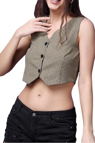 Image of POPWINGS Casual Check Printed V-Neck Sleeveless Button Closure Waistcoat Crop Top for Women || Stylish Western Woman Crop Top for Summer || Sleeveless V-Neck Crop Tops for Women