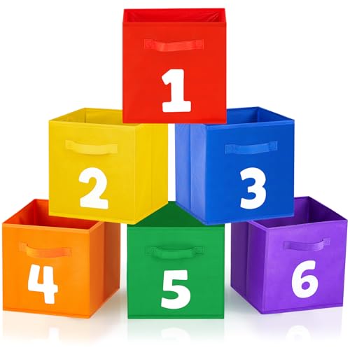 FillTouch 6 Pack 11 Inch Colorful Storage Bins Number Cube Storage Bin with Handles Rainbow Fabric Cubby Foldable Baskets Classroom Decor for Organizing Clothes, Toys, Books