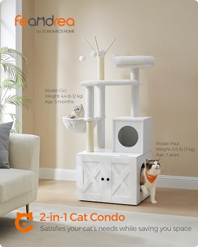 Feandrea Cat Tree with Litter Box Enclosure, 2-in-1 Modern Cat Tower, 55.1-Inch Cat Condo with Scratching Posts, Removable Pompom Sticks, Cloud White UPCT113W01