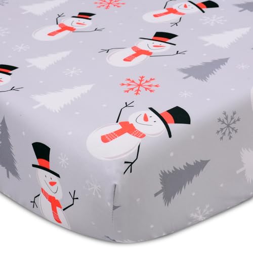 YHITBG Christmas Crib Fitted Sheet Snowman & Snowflake Gray