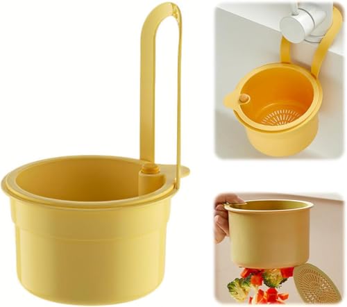 Fiozwea 蛇口吊り下げフィルター、自動排水トラフ、多機能ワンボタンプッシュボタン吊り下げバスケット、スポンジ収納ラック (イエロー)