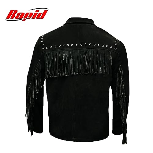 Image of Men's Western Suede Fringe Jacket - Cowboy Style Genuine Leather Coat - Native American Tassel Design