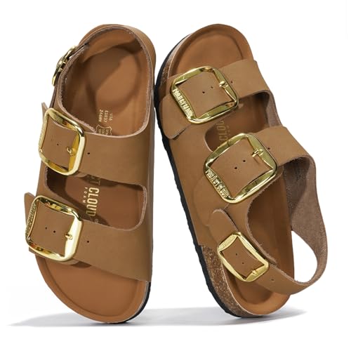 Project Cloud Genuine Leather Summer Sandals for Women 2025 - Memory Foam Slingback Womens Sandals Comfortable and Non Slip Beach Slides with Big Buckle (Garda)