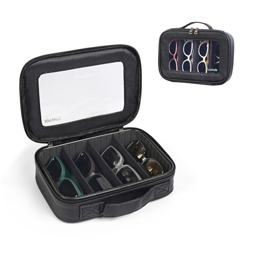 Luxtude Estojo organizador de óculos de sol de viagem, estojo para vários pares, organizador de óculos de sol transparente com 4 compartimentos, estojo de viagem para vários pares, preto