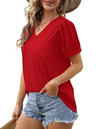 Geifa Womens Summer Tops Puff Short Sleeve V Neck T Shirts Loose Casual Tshirts3