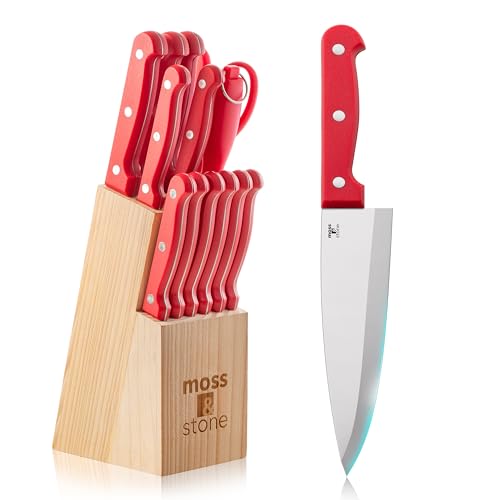 Moss & Stone 14 Pcs Knife Block Set Stainless Steel, Premium Forged Kitchen Knives Set with...