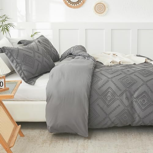 Image of EMME Duvet Cover Queen Size, Boho Tufted Comforter Cover, 3 Pieces Embroidery Chic Bedding Set for All Seasons, 1 Duvet Cover + 2 Pillowcases (Dark Grey, Queen)