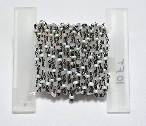 Chaîne de chapelet quartz rose et perles noires de 90cm pour création de bijoux