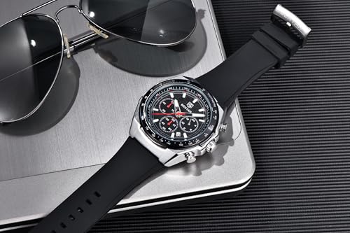 Image of BENYAR Men's Chronograph Sport Watch - Stainless Steel Case with Black Silicone Band, Tachymeter Bezel, Waterproof Quartz Wrist Watch