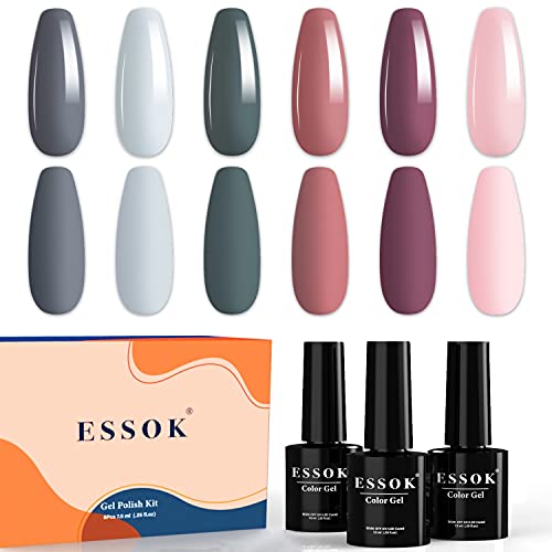 Essok Gel Polish Set - Romantic Moment 6 Colors Gel Nail Polish Set, Pink Nude Gel Polish Red Gray Blue Mauve Nail Polish Wedding Nail Art Soak Off UV Led Nail Polish Gel Home Diy Manicure Gift Set