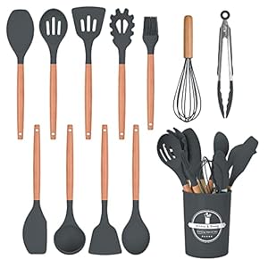 FIOUSY Kitchen Utensil Set, 12 PCS Silicone Cooking Utensils Set with Wooden Handle, Heat Resistant, Nonstick Cookware Tongs Spatula Spoon Set, Dishwasher Safe, Best Kitchen Tools with Holder (Grey)